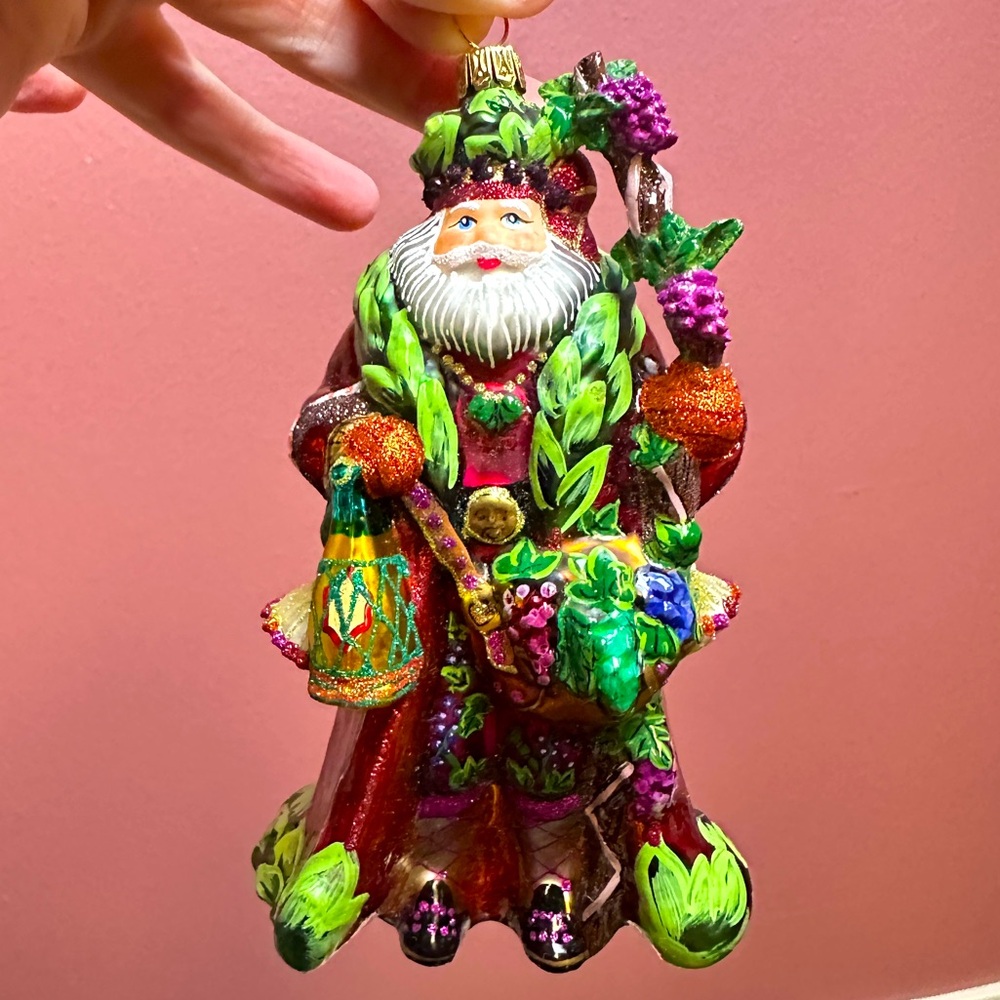 Hand blown and painted Santa with wine and grapes made in Poland